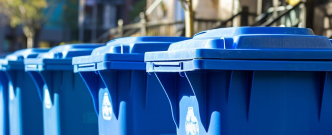 A row of blue wash bins on a street. - WASH BINS
