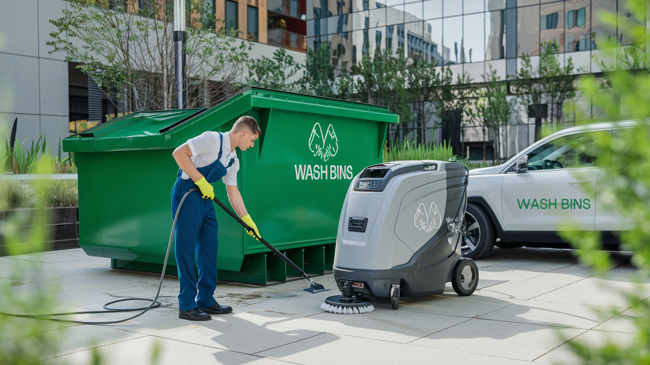 A man uses a vacuum cleaner to clean a green trash can outdoors, ensuring it is free of debris and dirt.