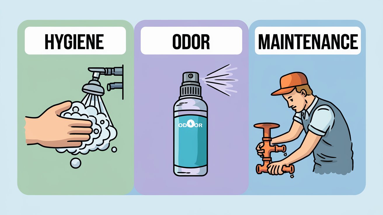 A cartoon illustration depicting hygienic practices, maintenance tools, and cleaning supplies in a vibrant, engaging style.
