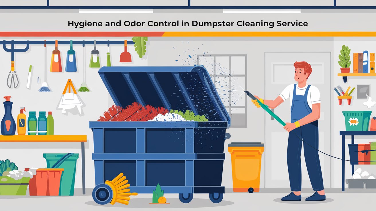 A professional cleaning service ensuring hygiene and odor control in a dumpster, showcasing cleanliness and sanitation efforts.