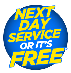 A blue circular badge with bold yellow text reads, “NEXT DAY TRASH CAN CLEANING SERVICE OR IT’S FREE*.” The outlined text pops against a subtle radial gradient background. A blue circular badge with bold yellow text reads, "NEXT DAY TRASH CAN CLEANING SERVICE OR IT'S FREE*." The outlined text pops against a subtle radial gradient background.