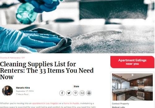 A gloved hand sprays cleaning solution onto a kitchen countertop. Below, the article title reads, "Cleaning Supplies List for Renters: The 33 Items You Need Now." The page also highlights a trash can cleaning service and tips for spotless kitchens.