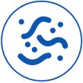A blue icon with three wavy lines and six dots of varying sizes, all inside a blue circle on a white background. The design appears abstract, possibly representing air, water, or particles in motion.