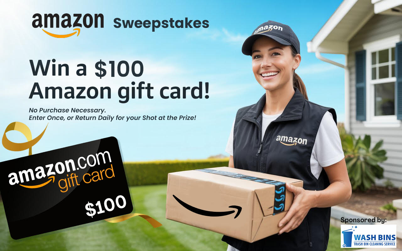 A smiling Amazon delivery worker in a black vest and cap stands outside a modern house, holding an Amazon package. Text promotes a contest sweepstakes entry to win a $100 Amazon gift card. Logos for Amazon and "I Wash Bins" are also present.