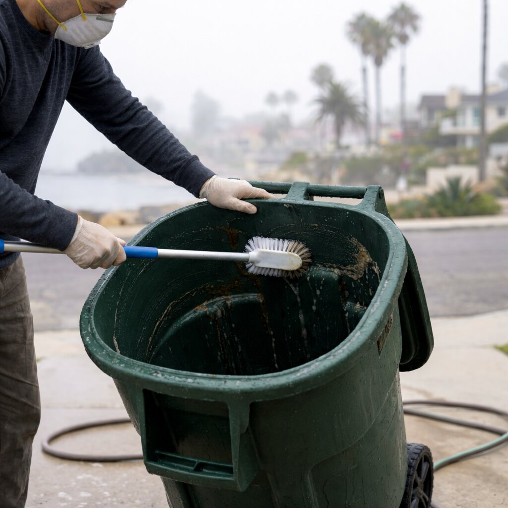 A person is actively scrubbing the inside of a green trash can with a long-handled brush, demonstrating the mechanical cleaning step.