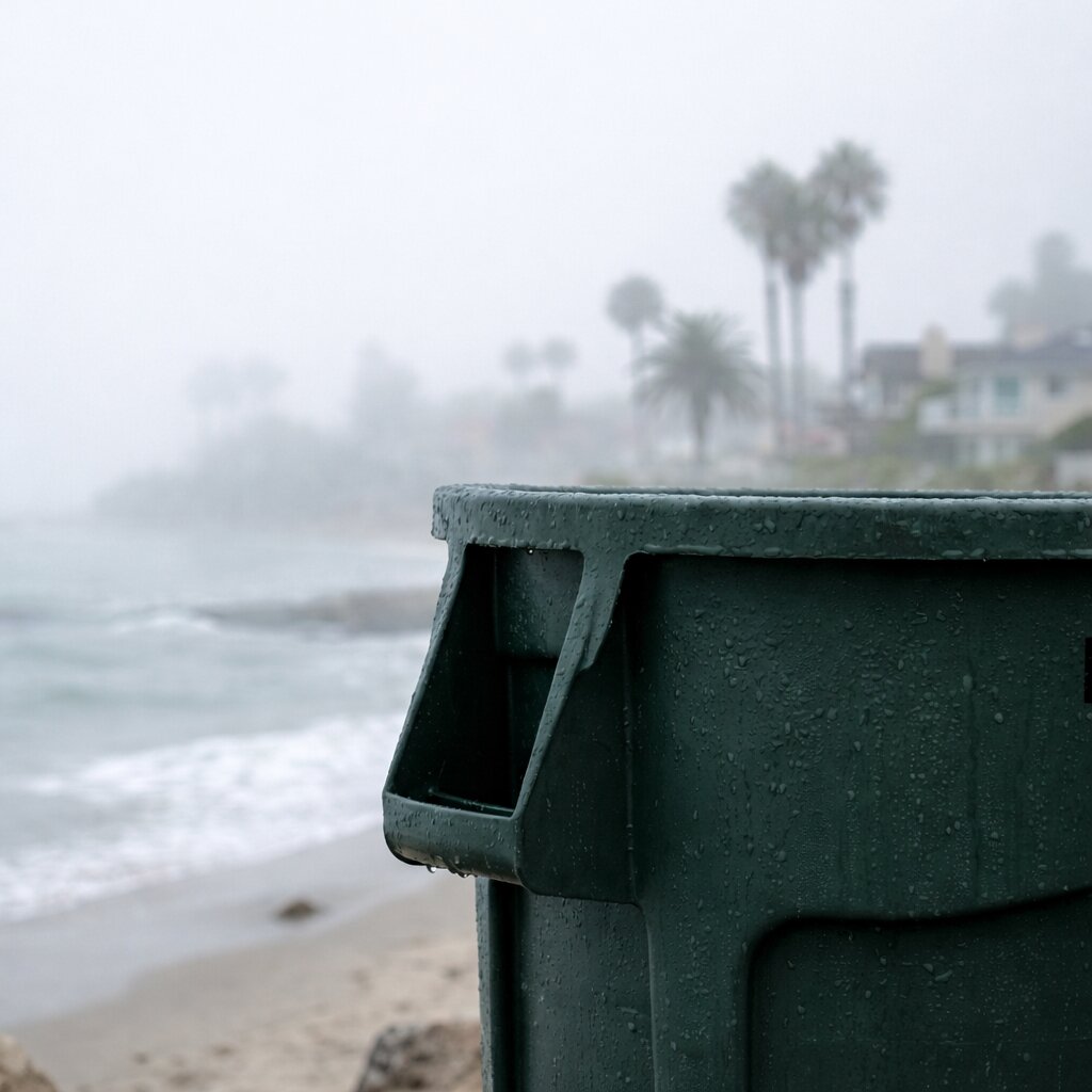 A close-up of a dark green trash can with water condensation on its surface, set against a foggy coastal backdrop with a beach and palm trees. This image illustrates how the marine layer contributes to trash can mold.