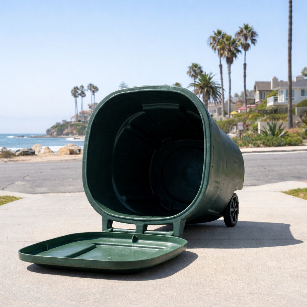 A clean, empty trash can is lying on its side in a sunny spot to dry, using UV rays as a natural disinfection method.