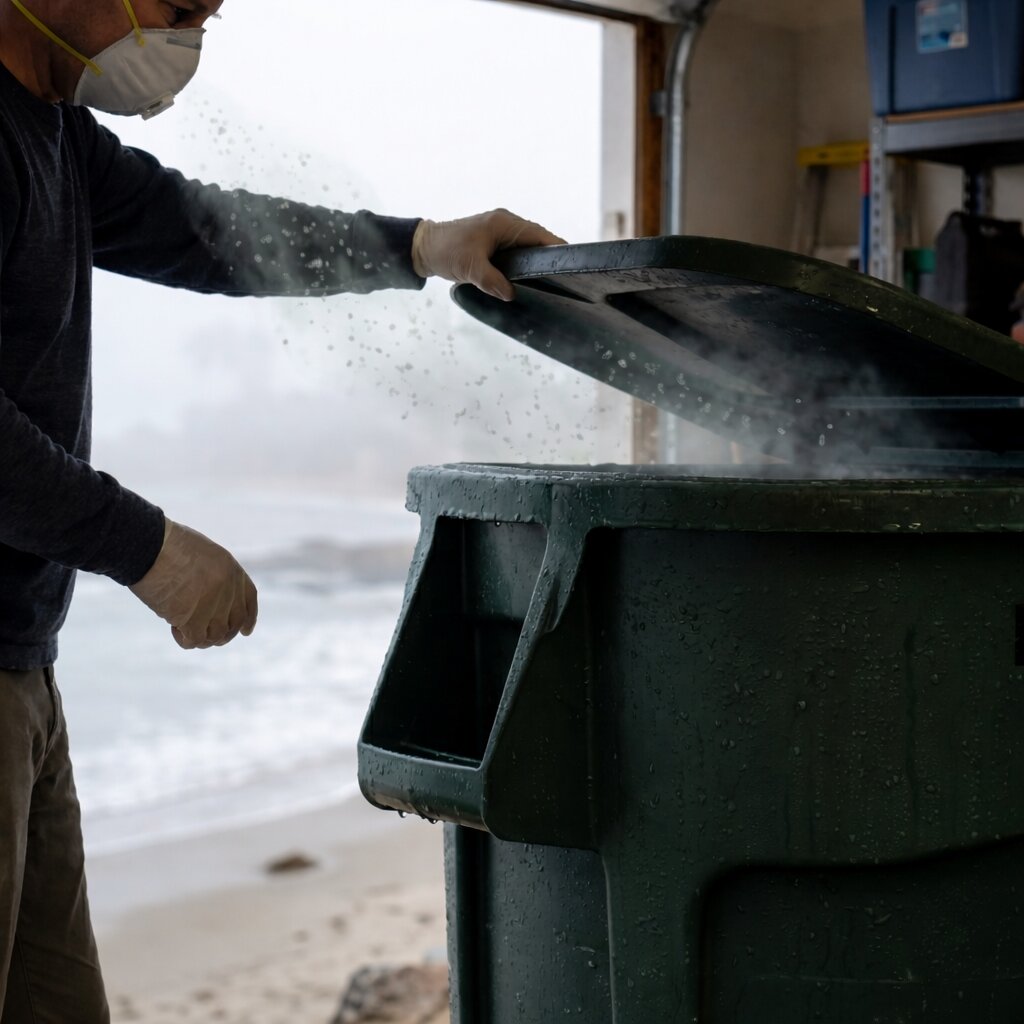 A person wearing a mask and gloves is opening a moldy trash can, from which a cloud of spore-like particles is rising, representing the health hazard of mold inhalation.
